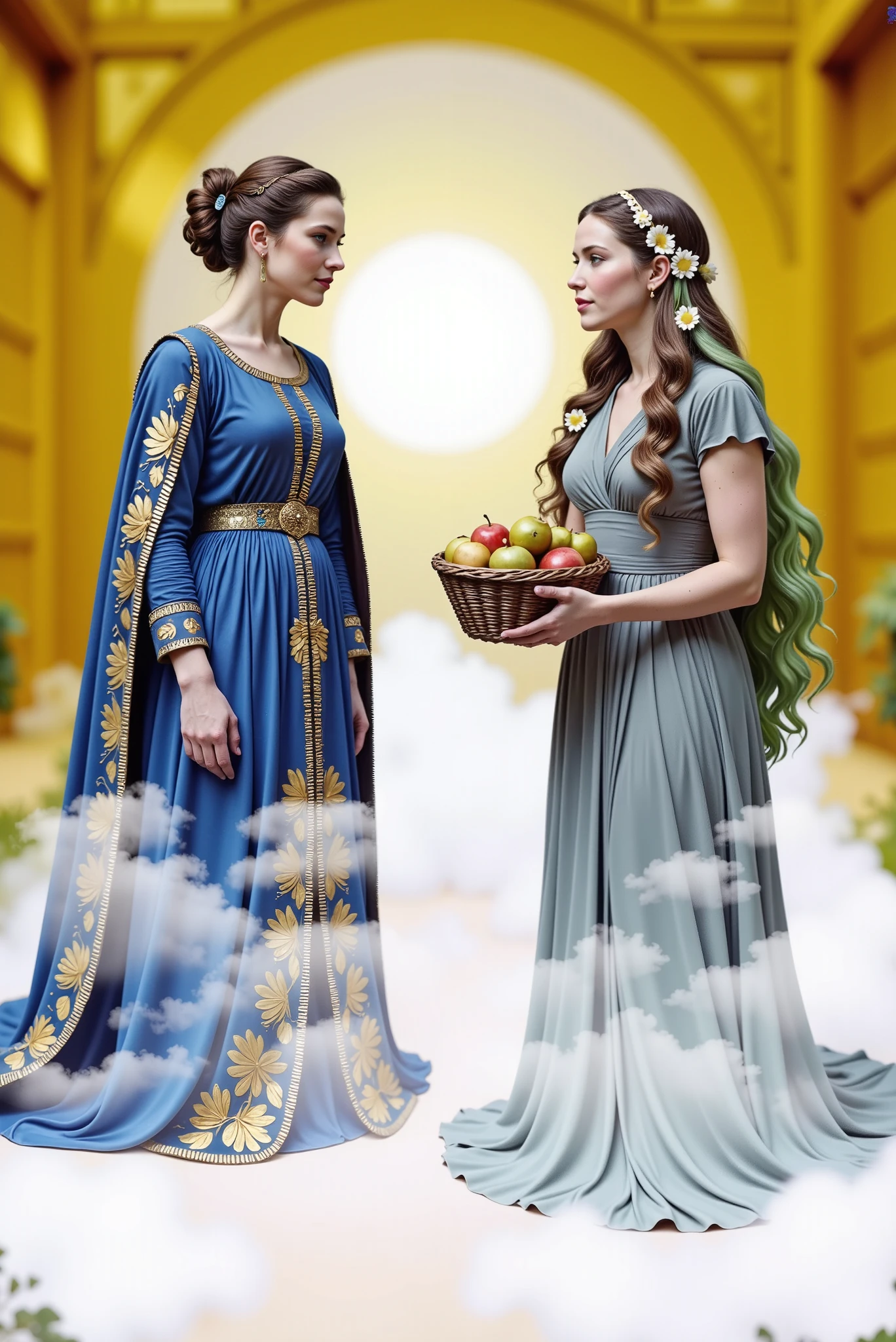 In a celestial garden bathed in soft golden light, Hera, Queen of the Gods, and Gaia, Titan of Earth, stand face to face with regal elegance and equal stature. Hera wears a flowing royal gown adorned with peacock feathers and gold embroidery, exuding divine authority. Gaia is dressed in a flowing robe, her verdant hair intertwined with blooming flowers. Between them, Gaia offers Hera a woven basket of golden apples, glowing with ethereal power. Their expressions are warm and solemn, personifying cosmic harmony.
Mist swirls gently at their feet. The interplay of light and shadow enhances the emotional depth and divine serenity. Style: cinematic realism with Renaissance elegance, rich detail, and harmonious composition.