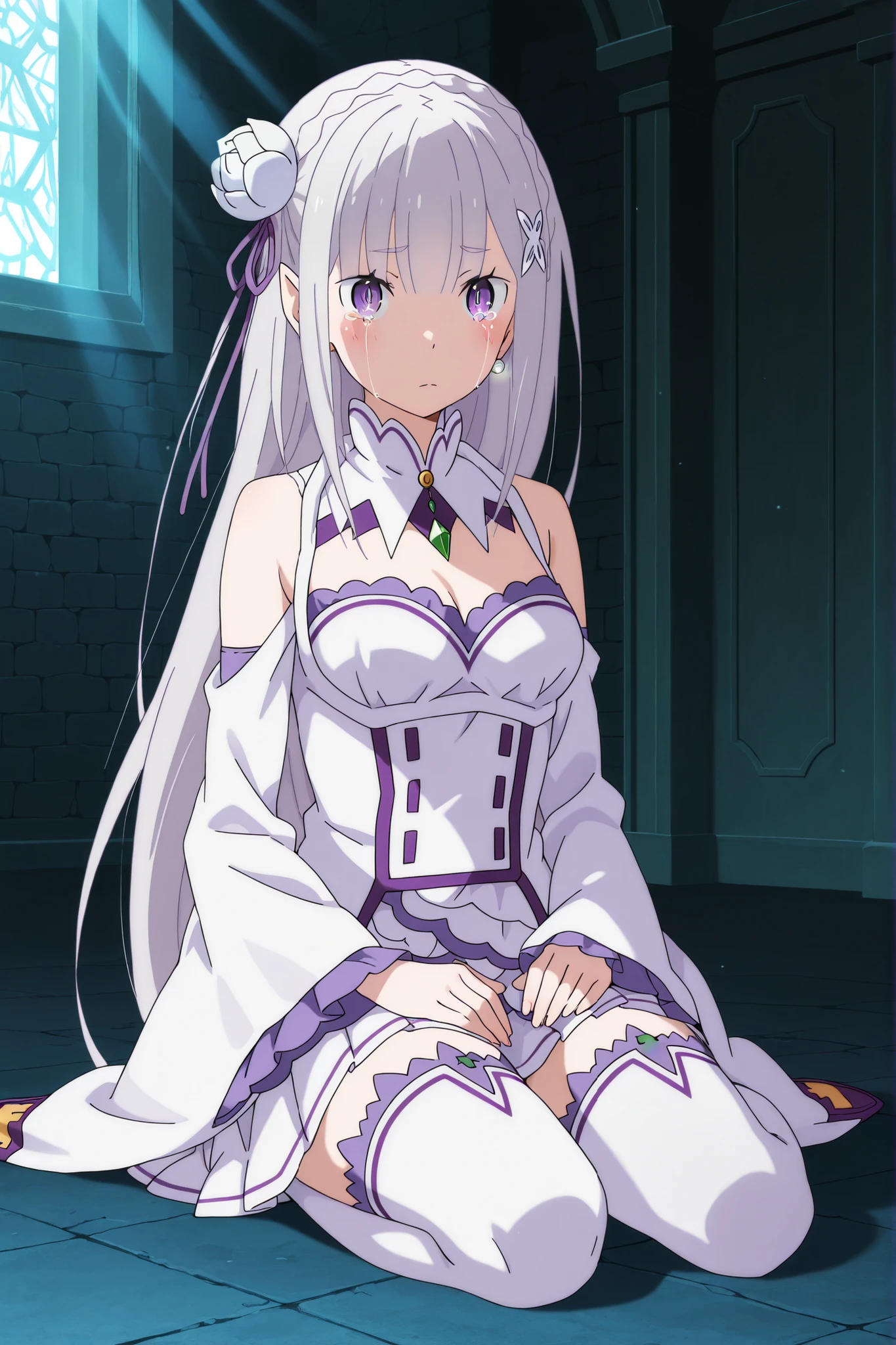 emilia_\(re:zero\),,"Emilia from Re:Zero, lying on side anime style, upper body, symmetrical face, pearl earrings, beautiful purple eyes, detailed anime eyes, silver long hair, flower hairpin, elegant elven-inspired fantasy outfit with white thigh high boots made of soft translucent fabric and silver leaves, glowing magical forest background, sparkling stream, sunlight filtering through leaves, ethereal lighting, high detail, masterpiece, best quality, soft glow, cinematic atmosphere, fantasy elegance"Emilia from Re:Zero, alone lying, kneeling on the floor of a medieval dungeon room, wearing a plain prisoner dress made of rough linen or hemp-like fabric,both ankles shackled with an iron cuff and chains, the chain pulling her back slightly, her hands rest on her lap with shackles on the floor, preventing her from moving them, eyes sparkling with longing and frustration, cheeks blushing, inspired by "It's Time for Torture, Princess", anime style, dark cold dungeon lighting, high detail, fantasy illustration, wholesome and comedic tone, no inappropriate elements, full body, eyes closed, crying, full body