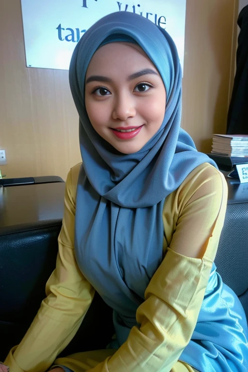 (k, RAW photo, best quality, masterpiecel1.4), (realistic, photo-realistic:1.37), extremely detailed beautiful japanese muslim woman, extra detailed ray light, (lightinedium-breasted:1.2), ((erectnipples)), (((unbutton blue blouses revealing a flesh-colored skin))). overexposed breast, overexposed navel, overexposed erected , overexposed slim hips, ((detailed breast cleavage:1.1)), ((plump body)), ((())) ((photo of a japanese woman in blue hijab)), ((muslim woman in short blue hijab)), no hair visible, ((upper body shot)), thick eyebrows, ((looking at viewer)), ((in the bedroom)), [[lay on the bed]], head on the pillow, hands behind the head, spread armpit, ((smiling face)), happy face, creative upscale, shot from above