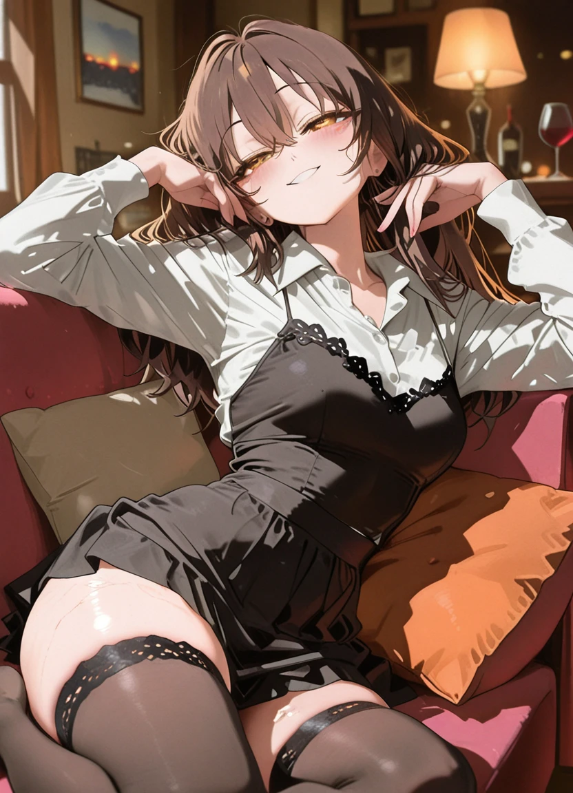 ((masterpiece, Best Quality, high resolution, 2D anime, 4K)), 20yo attractive female, Solo, pretty、cowboy shot、 ((long Wave Hair, Bangs, Brown hair)), ((slit eyes, Beautiful eyelashes, Realistic eyes)), ((natural makeup, watery lip, Detailed face, Blushing:1.2)), ((Smooth texture:0.75, Realistic texture:0.65, Photorealistic:1.1)), medium breasts, Perfect body, ((taking off unbuttoned casual clothes, White business shirt, Black tight skirt、、bare foot:1.3)), bedroom without people、Sit on a couch、Lower angle, taking foot off、early evening、Very embarrassing smile、(Lift the skirt with your right hand、Open both legs、Open your knees wide、Light blue floral lace panties)、、(Cute floral bra)、Angle from below