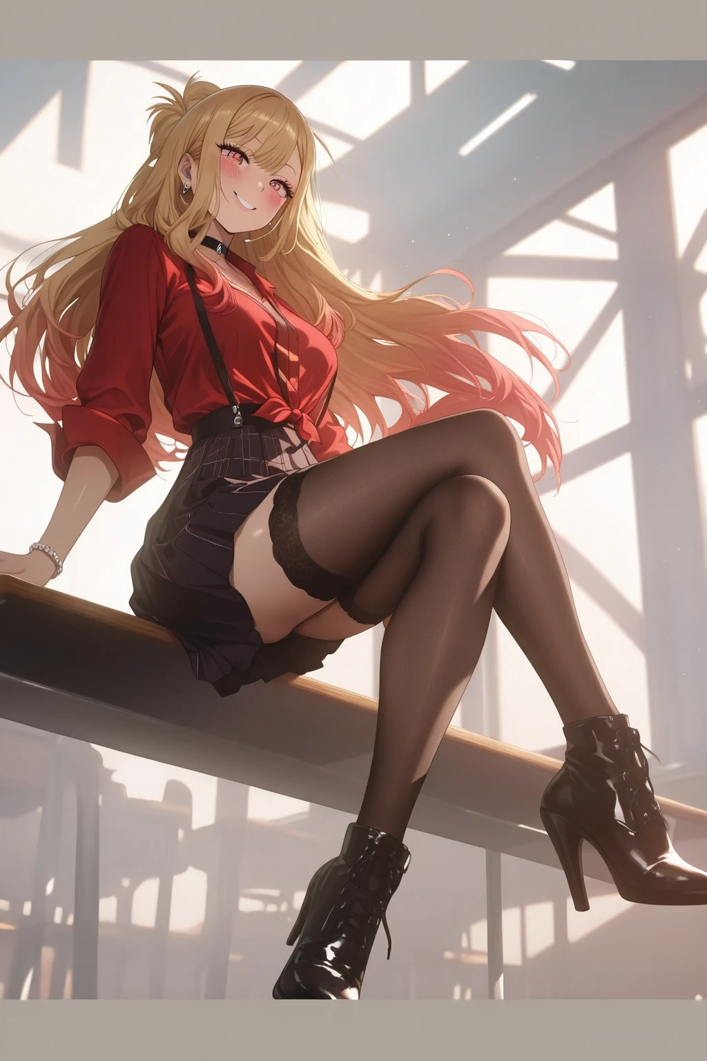 masterpiece, best quality, highres, blue eyes, serena \(pokemon\), 1girl, solo, thighhighs, long hair, hat, jewelry, bracelet, black thighhighs, collared shirt, pleated skirt, red skirt, sleeveless, high-waist skirt, sleeveless shirt, eyelashes, pink headwear, black shirt, eyewear on headwear, (full body:1.5), giantess, smile, (from below:1.5), (thick thighs:1.3), looking down at viewer, upskirt, character_pokemon_serena, gts, (large breasts:1.5), field, (looming:1.3), mature female, high quality, hd quality, masterpiece, photorealistic, stepping, shoe soles, close-up foot, intense angle, :), (sitting on building:1.6), very low angle, female pervert, toragao, licking lips, licking own lips, smile, gtscity,