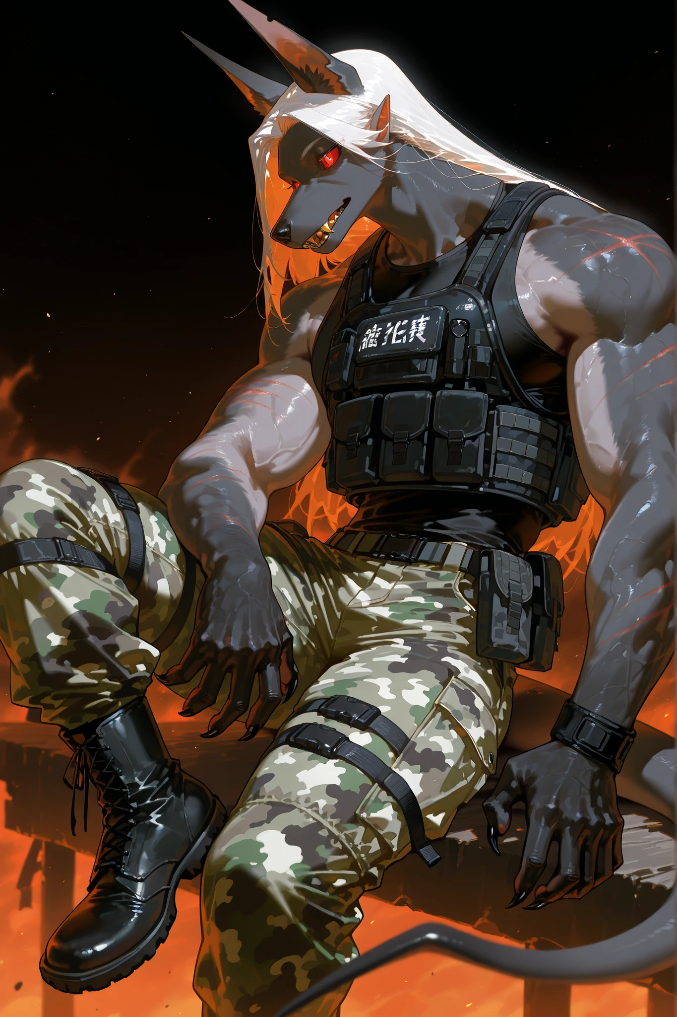 A tall furry demon who looks like a middle-aged man. He has darkest black furry skin, a strong, muscular build, and a broad-shouldered figure. He has a long neck and long pointed jackal ears, a long black wolf's bushy tail. He has sharp claws and dog paws. He has a pair of sharp devil horns on his head. He has scarlet sclera and black empty eyes. He has sharp triangular golden fangs. He has short white hair. He is wearing a tattered black sleeveless T-shirt with claw marks, he has black army camouflage trousers with lots of straps and pockets, and high army ankle boots with scarlet lacing on his feet. He's wearing a black bulletproof vest. on the background : an infernal kennel with cages where black hellhounds sit.