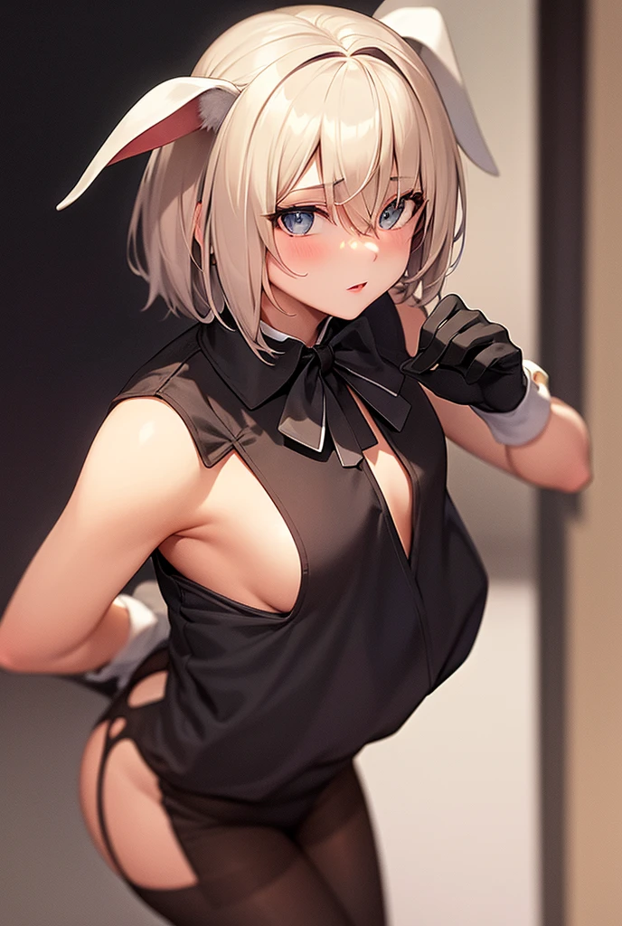 (highres, best quality), far from frame, depth of field, Adult female, young 20s, (detailed, highly detailed), soft lighting, (color_contrast), short white hair, one side shaved, hair parted, brown eyes, rabbit ears, rabbit tail, full body, medium breasts, (detailed hands), looking fierce, looking determined, detailed eyes, cute, toned body, (exposed ), hands in hair, shy, long legs, smooth skin, naked, nsfw, (exposed ), touching breasts, showing ass, ass to camera, spreading cheeks, detailed view, bedroom