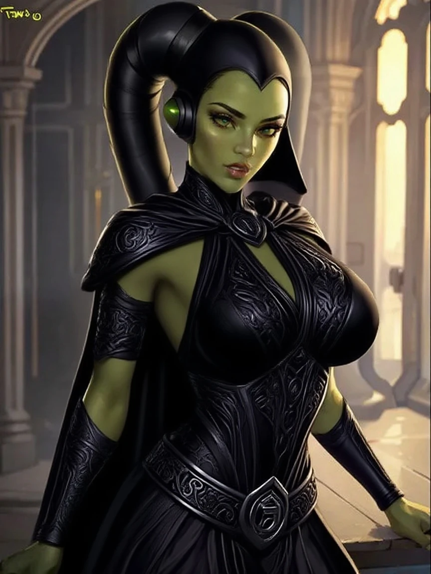 (best quality, masterpiece, highly detailed), 1girl, (green skin), sexy busty Twi'lek, huge breasts, cleavage, gold and black bikini, gold, ornate metal bra, metal lace, gemstones, jewelry, long skirts, armlets, pelvic curtain, Star Wars, lekku stripes