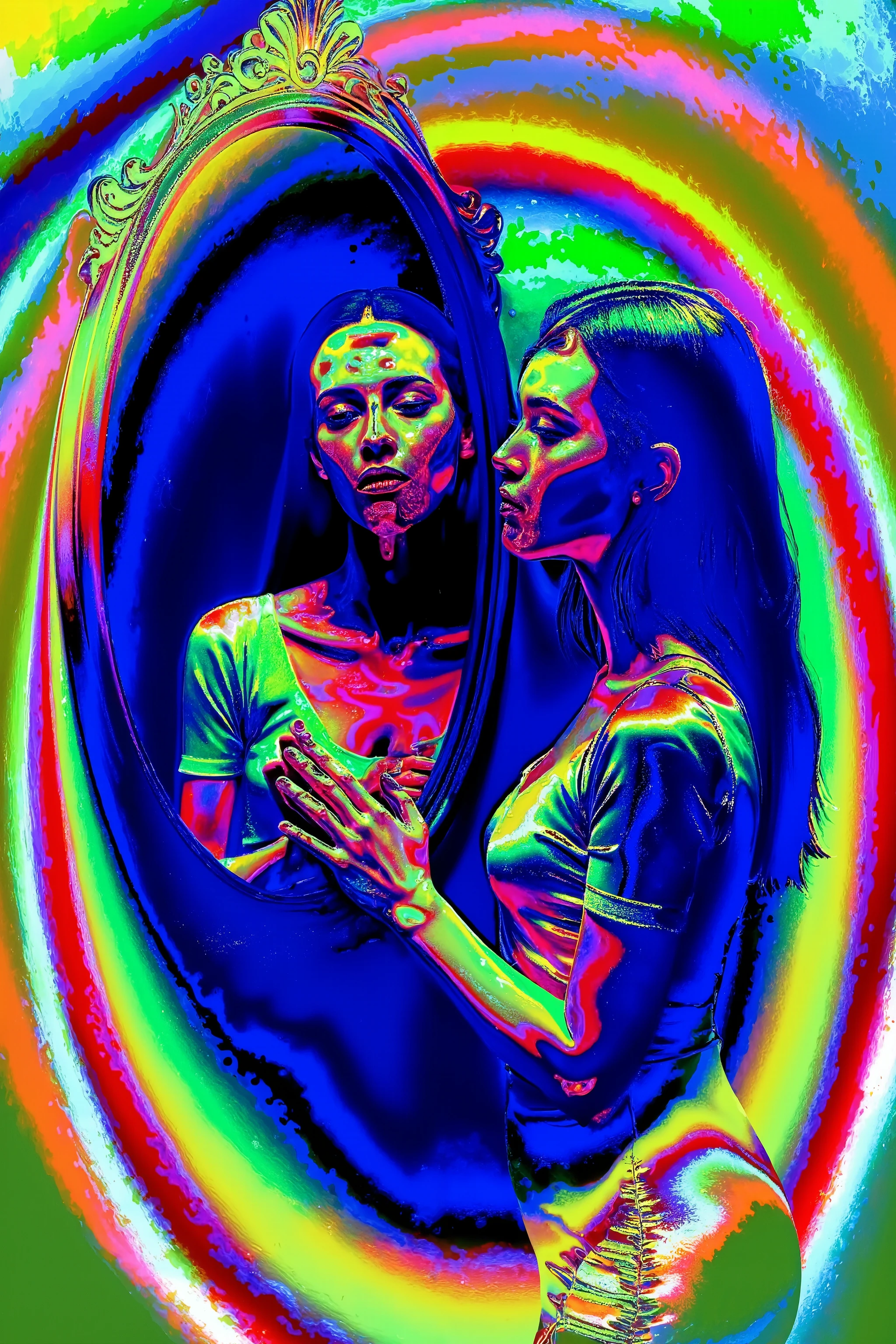 A young woman stands in front of an ornate framed mirror, gazing intently at her reflection. Her body is turned slightly to the side, revealing the contours of her silhouette accentuated by a form-fitting short-sleeved dress. The dress shimmers with multicolored highlights, suggesting a surreal effect throughout the image. Her hands are gently placed on the mirror's surface, as if reaching out to her reflection, creating a sense of introspection or contemplation.
The composition is dominated by vibrant and psychedelic colors, with swirling patterns enveloping the scene. These colors transition smoothly between shades of neon green, orange, blue, and pink, creating an electrifying and dream-like atmosphere. The lighting casts deep shadows, adding to the contrast and depth of the visual effect. The ornate mirror's frame is embellished with intricate scrollwork, adding a touch of elegance to the composition. The overall mood is enigmatic, blending elements of fantasy and reality in a striking visual tableau.