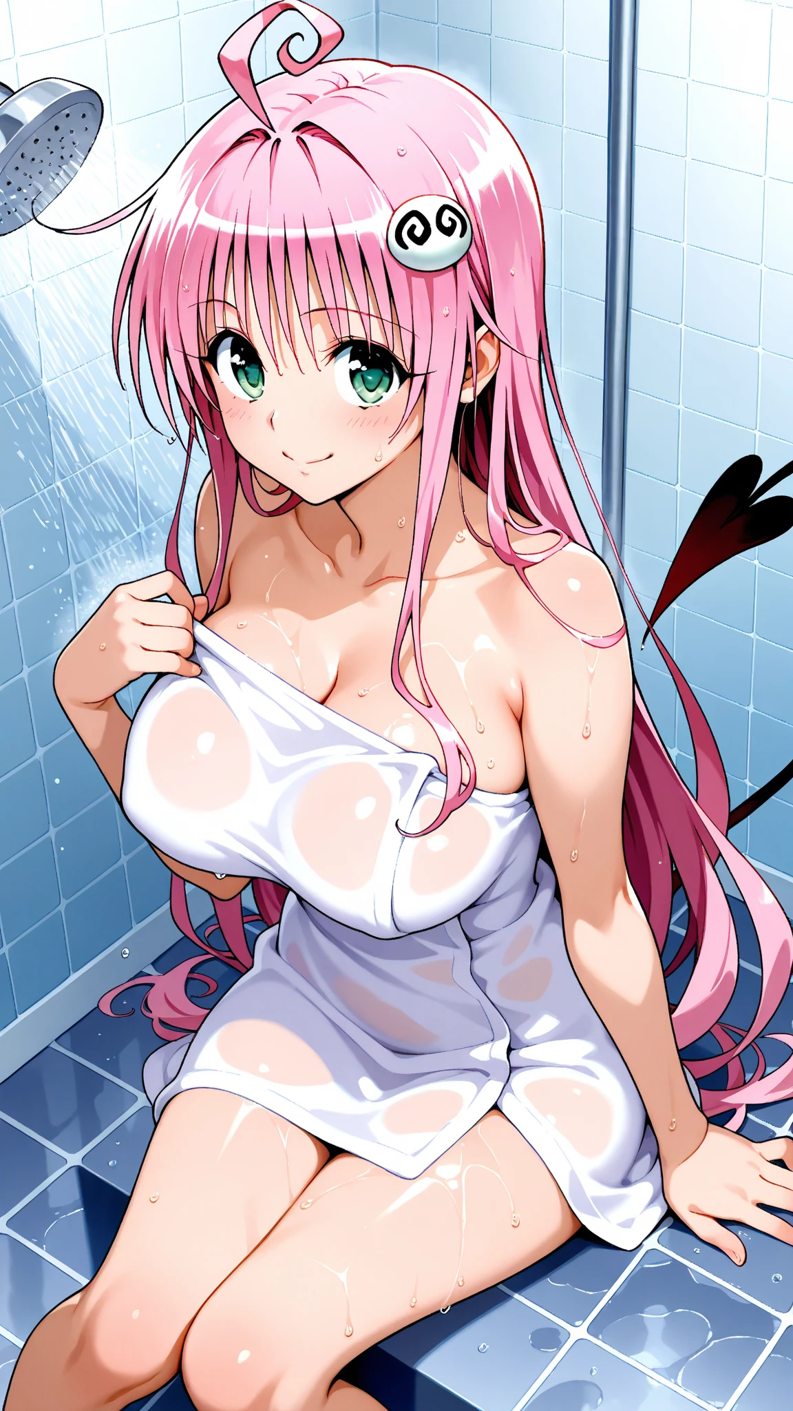 masterpiece,top-quality,ersha,crossange Rondo of angels and dragons,1girl,solo,pink hair,long hair,center parted hair, showing his forehead,ahoge,green eyes,beauty,very huge breasts,narrow waist,bust size is 100cm over,crying,sexy,soaked,seductive anime girl, oppai, biomechanical oppai,oppai proportions,Both hands are tied behind their backs and restrained,show oppai,chikubi,Completely naked,not wearing clothes,naked,put both hands behind her back,zenra,shower,Raped by multiple men,having her breasts sucked,shiny breasts,beautiful nipples