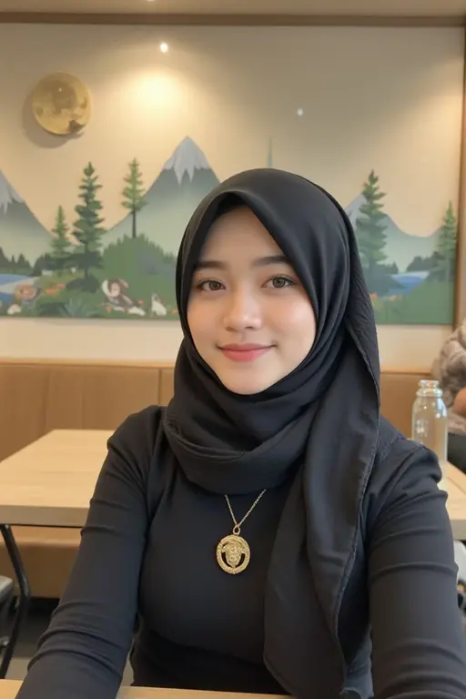 Selfie taken, See full body, luxury details, 8k, natural, realistic, amazing shots, ULTRA HD,
1 girl, 18 years old, smooth white face, white skin, smailing, neat white teeth, big breasts, wearing a long white hijab covering the body, with decorations on the hijab, Muslim clothes for worship, beautiful face, beautiful black face, cute, curly eyelashes, beautiful eyes , sweet smile, sitting on the bed, Indonesian Muslim, realistic, atmosphere in the out door, in the cafe,