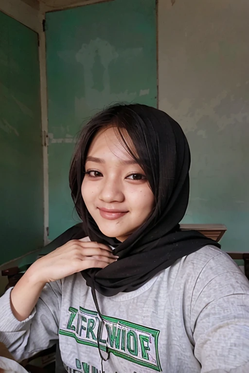 asian girl, hijab, naked, smile, forest, nsfw, hand over head