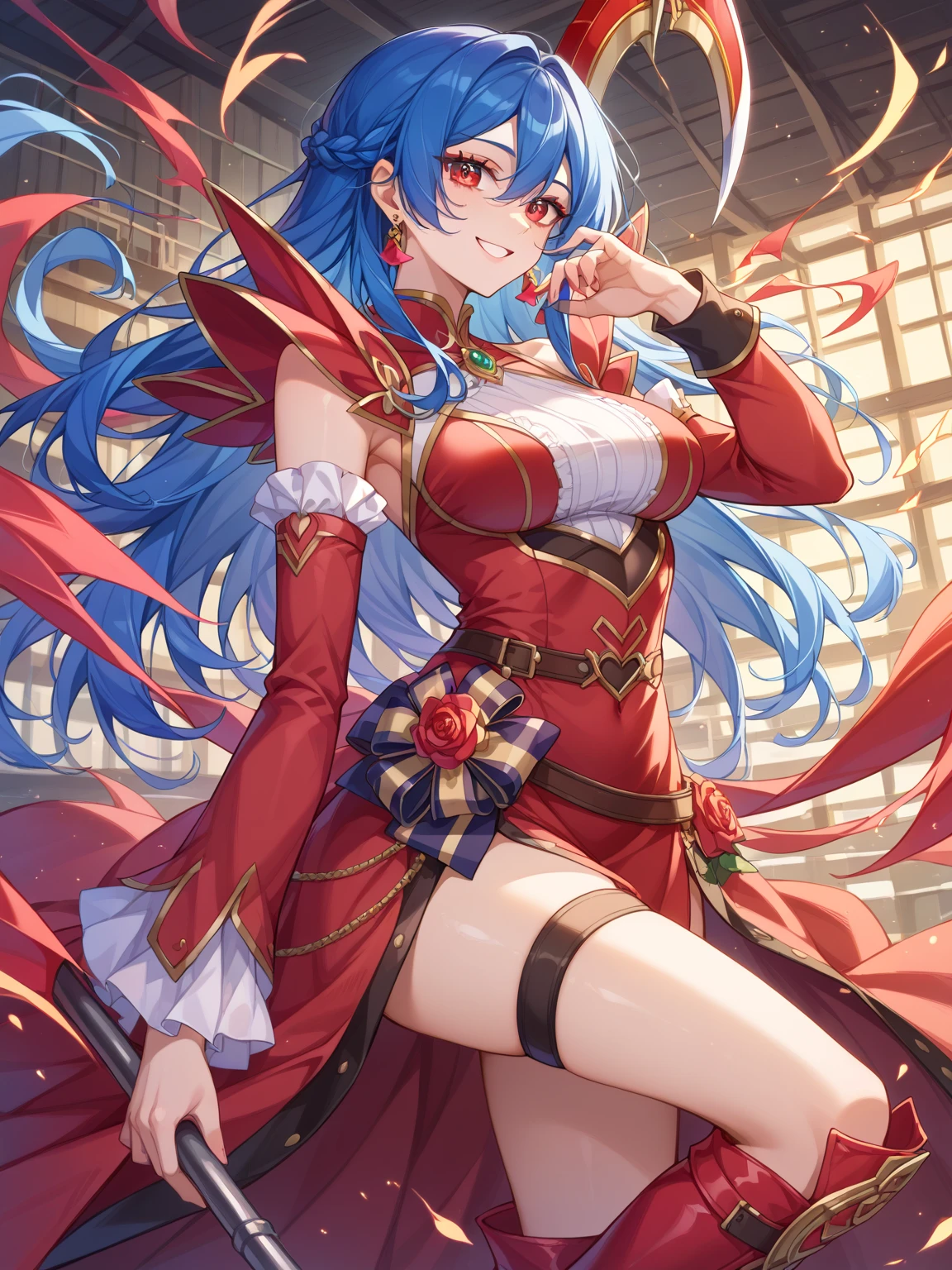 1 girl, bangs, blue hair, bow, box, bracelet, Christmas, Christmas tree, cowboy shot, dress, earrings, fishnet, flower, gift, gift box, hair ornaments, hamel, jewelry, looking at the viewer, colorful hair, necklace, pantyhose, parted lips, purple eyes, red dress, ribbon, Rose, short hair, smile, alone, Thighhighs