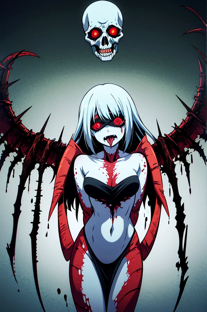 (high quality, best quality:1.4), 1girl, female, solo detailed closeup full body portrait, long white hair, monster girl, extra mouth, sharp teeth, bodyhorror, white background, <lora:bodyhorror:0.7>