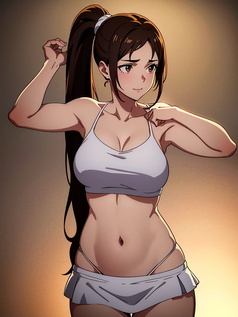 Anime boy in black sports bra poses for camera, garments:Sportsbra, Boy with long brown hair, male anime characters, marin kitagawa fanart, Seductive Anime Boy, Muscular men, (Anime Boy),