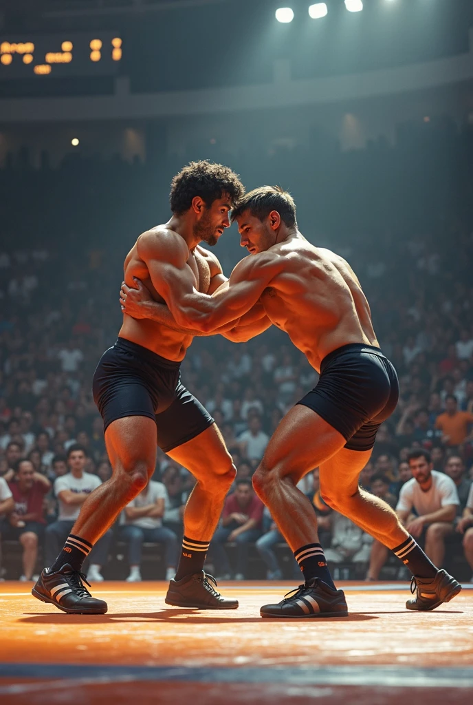An attractive young muscular 40-year old naked man is wrestling a 20-year old fully naked fat wrestler in an arena, fierce faces, nude, showing penis, cum splatter, ((no facial hair))