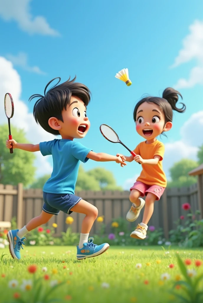 Father playing badminton with his daughter、Residential Street、Hot sunshine、Realistic texture、Realistic images、Highly detailed images、Very detailed