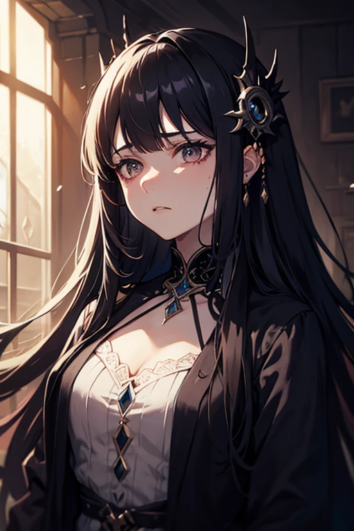 solo female, on bed, oversized t-shirt, large breasts, young, blue eyes, slit pupils, straight long black hair, cat ears, cat tail, confused, morning, very cute, curvaceous, close up, cleavage, one bare shoulder, cat bell collar, close up, casual pose, morning