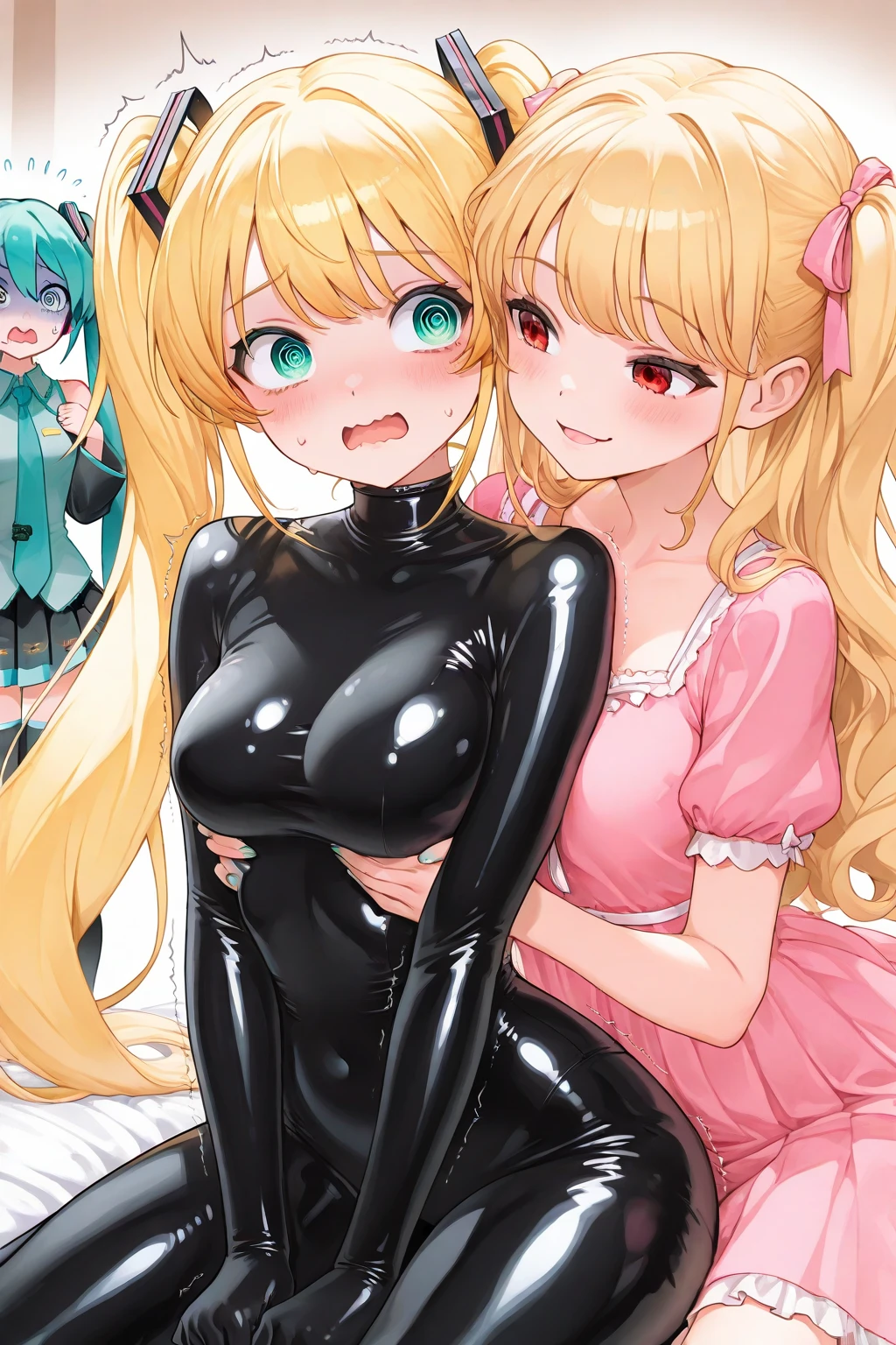 Blonde Long Hair Aqua Blue Rubber Wedding Dress Hand-drawn anime Primary school students 天蓋付きのcuteピンクラバーベッド Sleep in bed Embarrassing Blushing Very long aquamarine skirt Aqua Blue Rubber Tights Aqua blue rubber inner Rubber Glossy Cloth Metallic luster Mesh fabric from neck to chest Multiple ribbons Soaked in the rain Super long aqua blue rubber gloves Wet and see-through aqua blue rubber pantyhose garter belt cute Pitiful clear Small eyes Droopy eyes Pale pink rouge Aqua blue rubber long boots Wet lips Aqua Blue Rubber Bodysuit