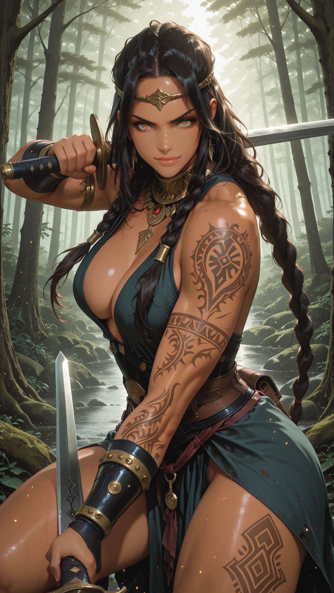 a barbarian girl, aggressive pose, wielding huge axe, powerful, jungle queen, detailed facial features, long hair, muscular build, glowing eyes, feral expression, fierce warrior, photorealistic, cinematic lighting, dramatic composition, rich color palette, chiaroscuro lighting, volumetric atmosphere, (best quality, 4k, 8k, highres, masterpiece:1.2), ultra-detailed, (realistic, photorealistic, photo-realistic:1.37), HDR, UHD, studio lighting, ultra-fine painting, sharp focus, physically-based rendering, extreme detail description, professional, vivid colors, bokeh