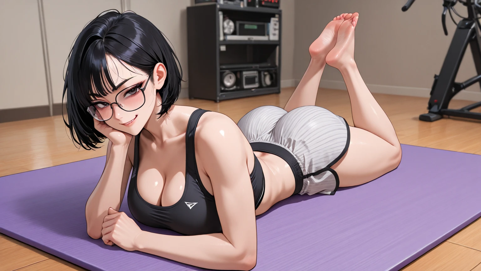 Beautuful Women，Sexy and charming，Wearing a transparent short skirt and black stockings，long whitr hair，The glasses are charming，Lying on the yoga mat