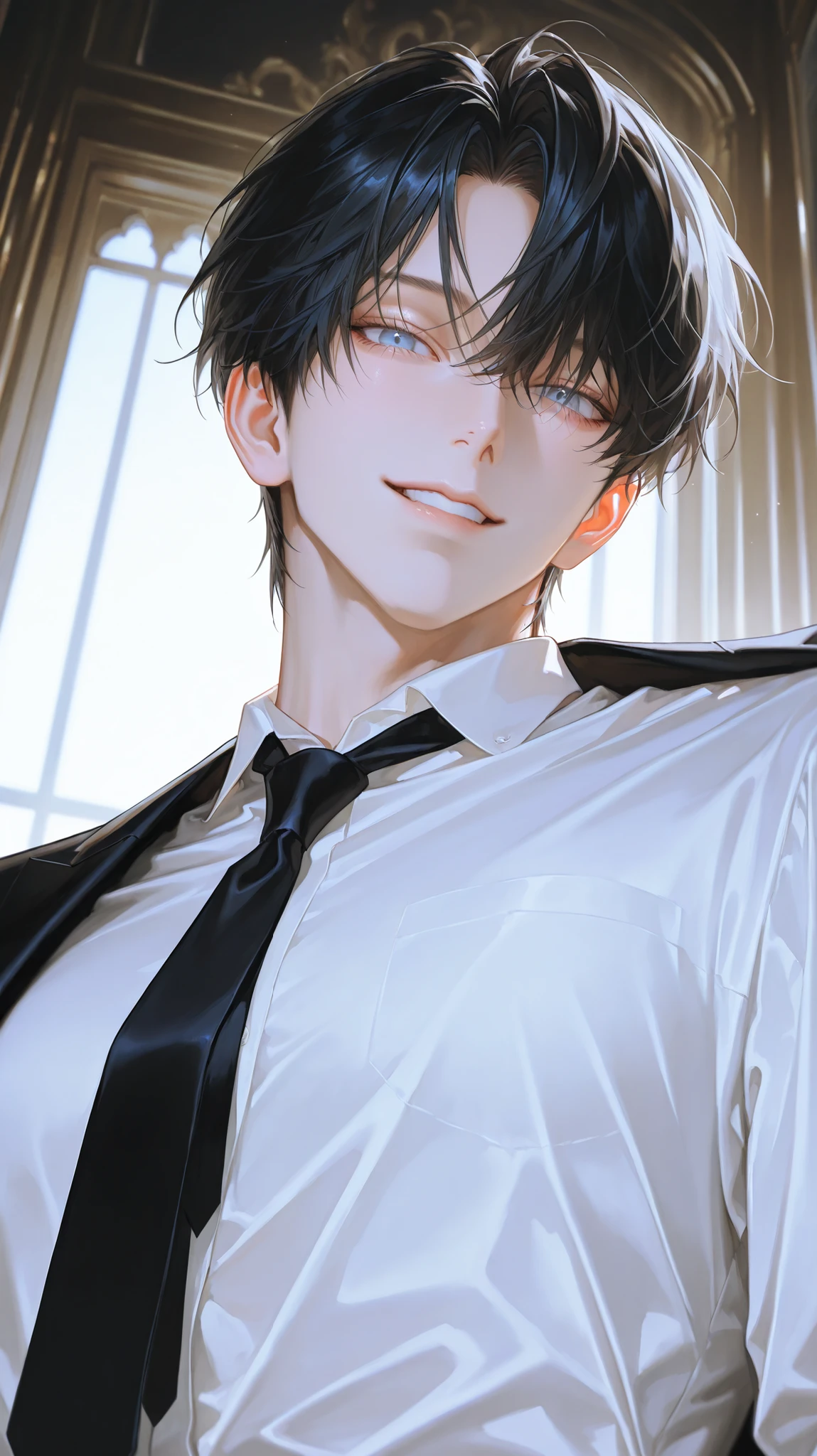 1 male, perfect eyes, Impressionist Painting Style, Realistic Skin, semi-realism detail, Highly detailed, Realistic Hair, Realistic Details, 8k, beautiful masterpiece, White Shirt, black tie, I have short black hair and waist, separate bangs, Blue Eyes, detailed eyes, muscular physique , kind smile, Natural Light, Butler's Setting ,Close range, the viewer's gaze,angle from below, Dutch angle, loosely tied tie, Transparent white eyes , Ultra Detailed Iris , Reflective Catch Light, Glossy finish,