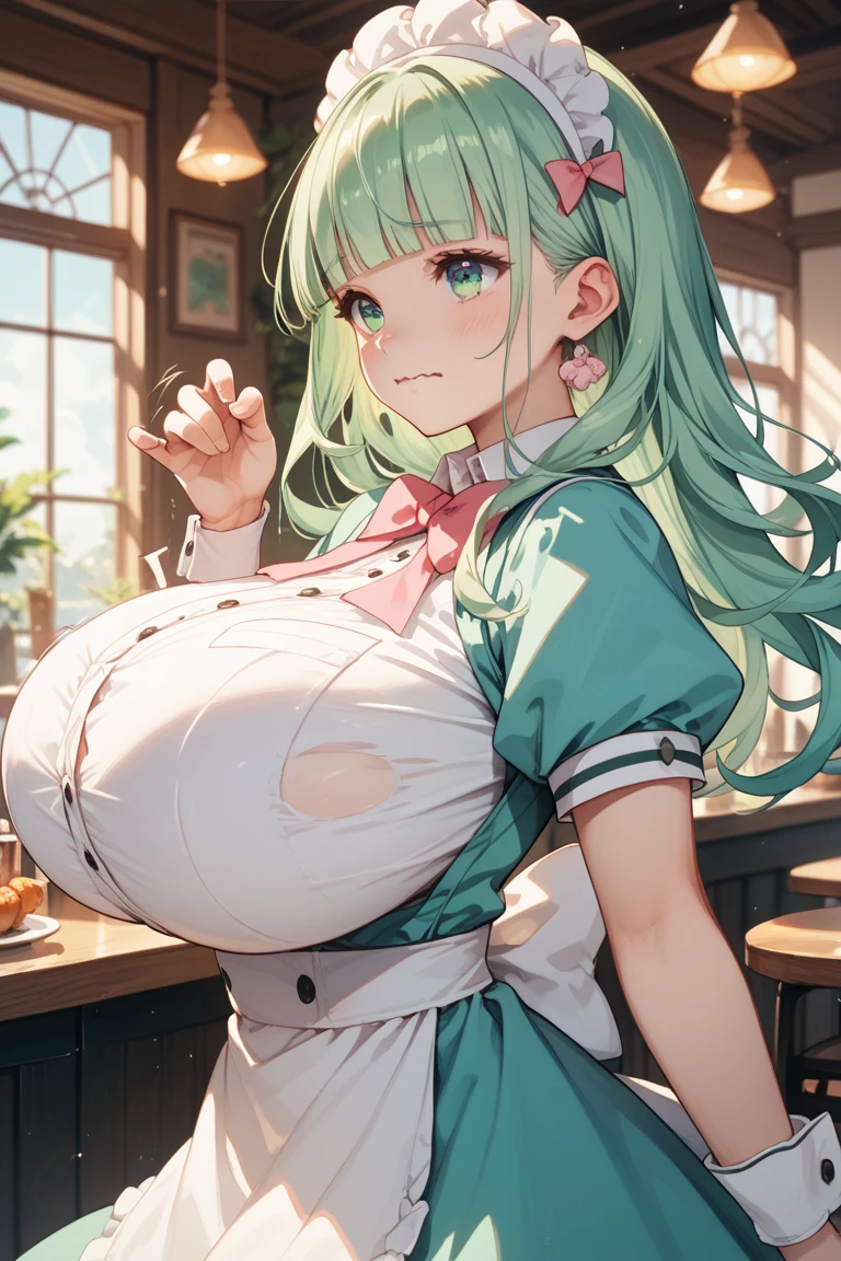 mastute piece,Best Quality,insanely detailed,8k cg,nsfw,
(shoot upper body:1.3),
(1girls:1.3),standing,looking at viewr,body in front,both arms behind back,(ウェイトレス),(bare nipples:1.2)
break,
blush,shy,(ecstasy face),(trembling:1.2),break,(light green hair),
break,
perfect breasts,perfect teats,(open mouth:0.9),(large breasts:1.3),
(キッチン)、