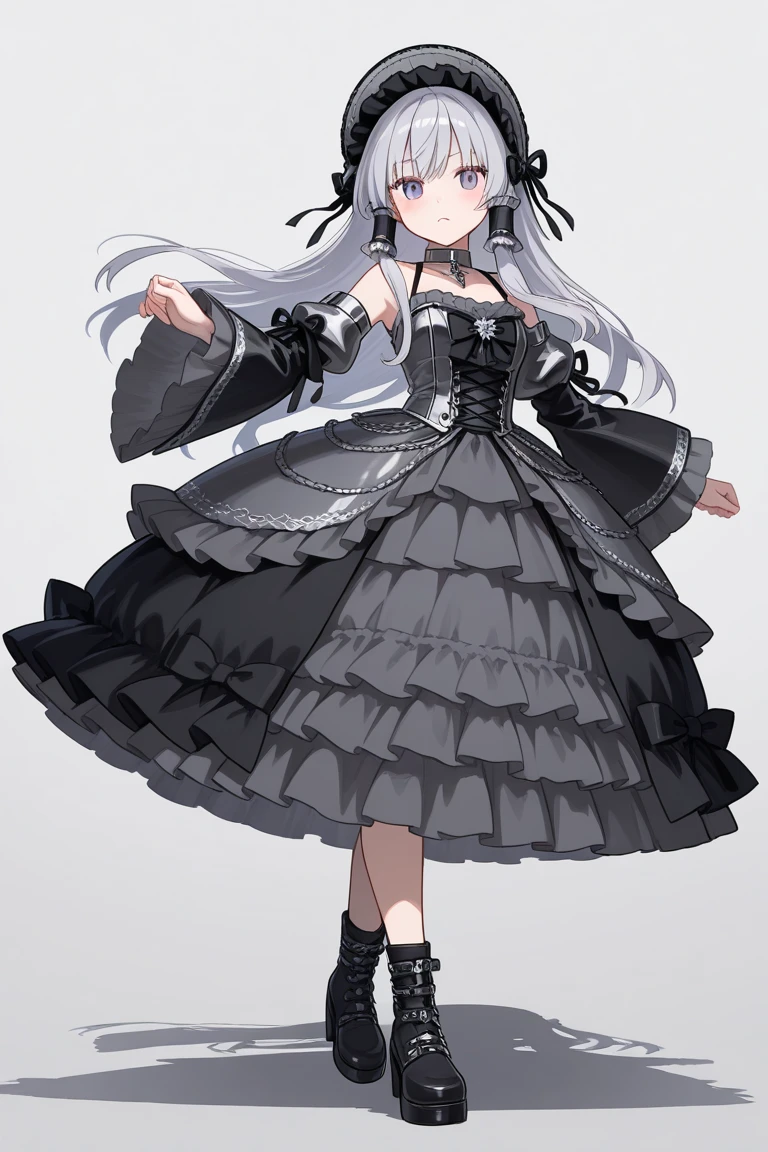 lexington \(warship girls r\),((Best quality))),((Ultra-detailed)),((illustration)),((Disheveled hair)),((frilld)),(1 girl),(Solo), 1girl,blue eyes,dress,flower,fur trim,gradient,gradient background,grey background,hand on hip,hat,hat flower,high heels,long hair,pantyhose,red flower,red rose,rose,solo,gray hair,