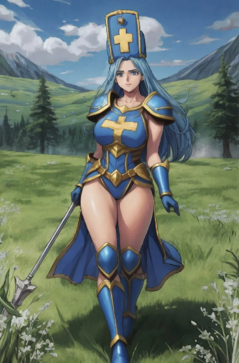 masterpiece, best quality, ultra-detailed, illustration, sage_(dq3), 1girl, (holding staff, staff:1.3), solo, long hair, blue hair, long blue mitre, blue eyes, large breasts, yellow gloves, (skintight fullbody orange leotard:1.2), blue front dress, yellow boots, holding out her priestess mace, standing, full body, grass, wind lift, simple background - nature background, BREAK, JRPG-style surrounded by slime monsters on the open meadow:1.2, battle-stance, 