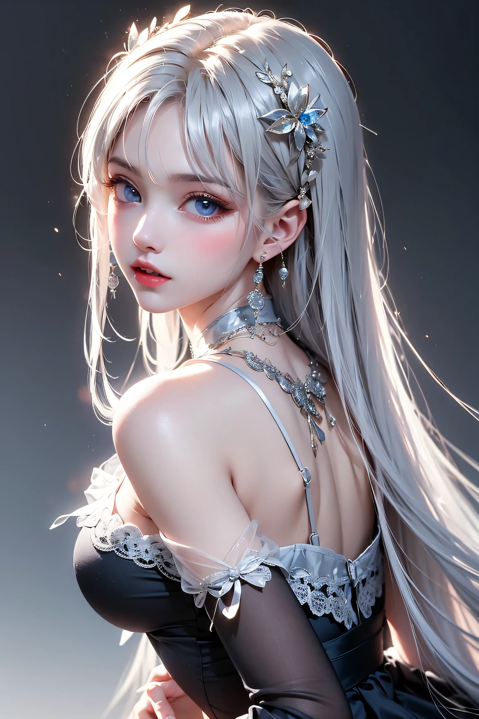 cute、woman、A hairstyle in which the entire hair is swept back、Odd Eye、Silver hair back、male、Her hair is shoulder-length、Odd Eye、Male&#39;s left eye is red、male right eye blue、Increase the wide angle、Clear Eyes、White and blue magic costume、mini skirt、