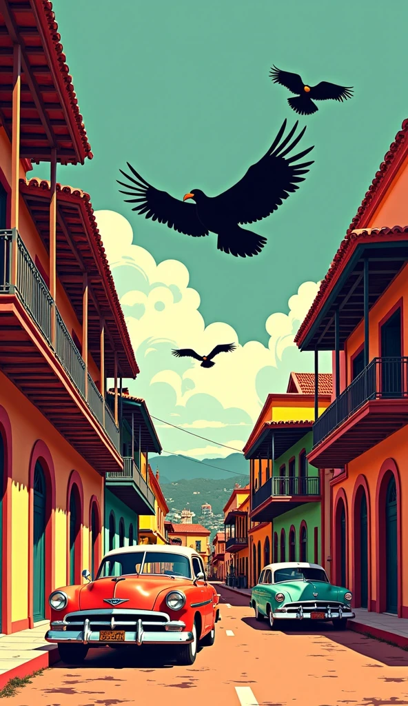 A vibrant and detailed vector art illustration of a narrow colonial city street at midday. The architecture features colorful old Spanish-style buildings with wooden balconies, ornate iron railings, and terracotta rooftops. Vintage cars from the 1950s and 60s are parked or slowly moving along the cobbled street. In the sky, several black vultures (gallinazos) circle ominously. One large gallinazo is seen in close-up, in the foreground, wings spread mid-flight, partially silhouetted. The atmosphere is hot and slightly dusty, with strong shadows and a sense of both nostalgia and decay. The vector lines are clean but expressive, with a limited color palette dominated by warm earthy tones, ochres, reds, and faded blues