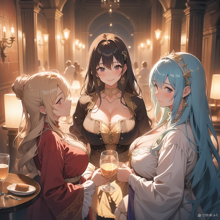 (work of art,highest quallity),Mediovale,A lively tavern,warm lighting,Group of adventurers,Female sorceress,Female sorceress,male swordsman,male swordsman,celebrate with beer,ssmile,detailed expression