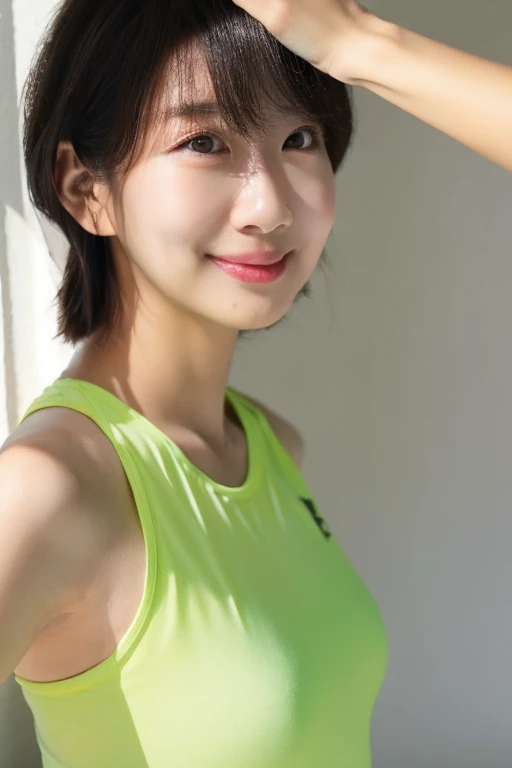 The beauty of 8K RAW photography:2.0, short hair, Age 25, Great face and dark eyes, Looking into the camera, A joyful smile:1.6, Showing teeth, Dynamic pose, Demonstrate yoga poses, (Green Sportswear:1.2)、Wear sneakers:1.4, Realistic:1.9, Very detailed CG 統合 8k 壁紙, Very detailed, High resolution raw color photos, Professional photos, Shooting in the gym, Sexy portrait of a girl