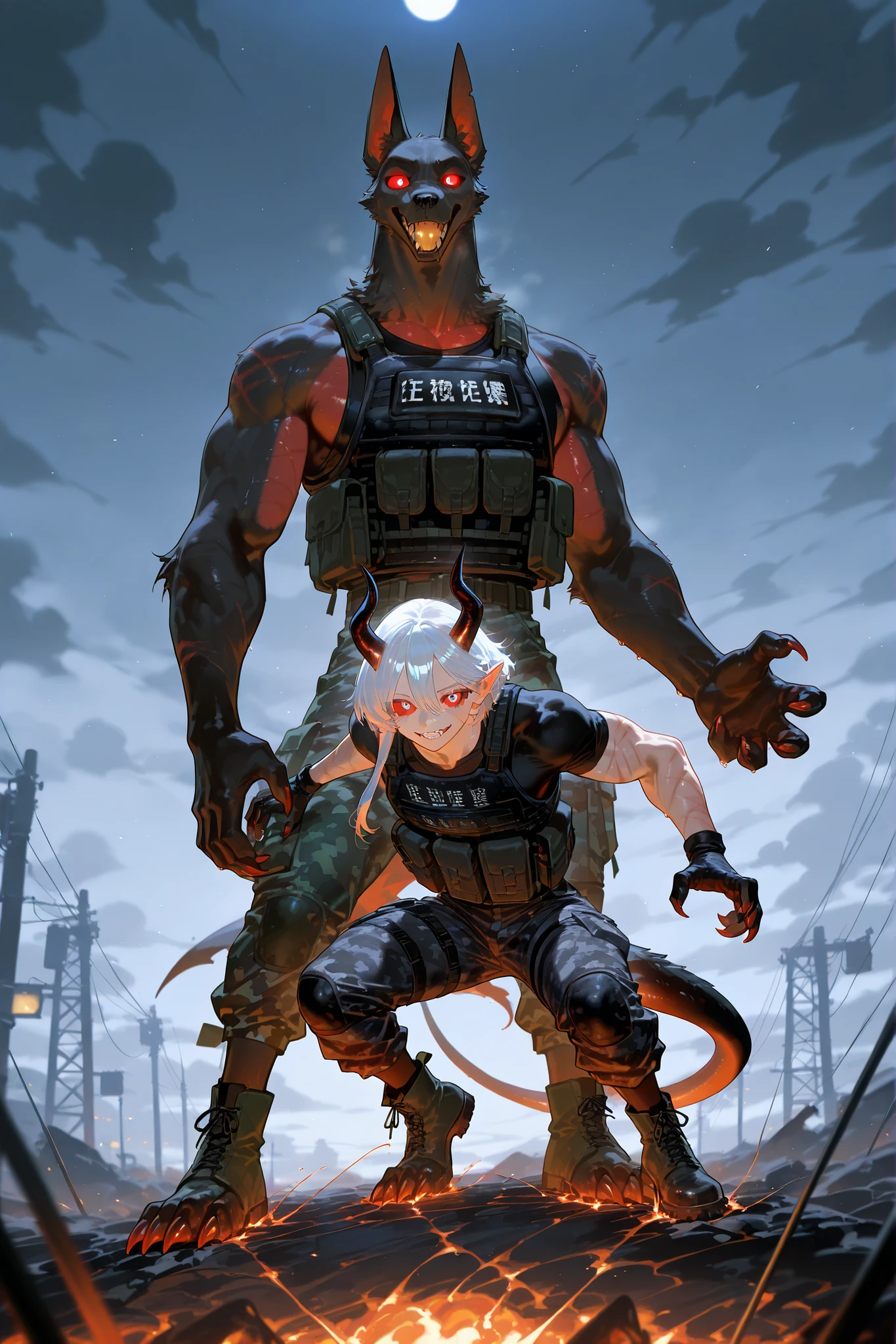 A tall furry demon who looks like a middle-aged man. He has darkest black furry skin, a strong, muscular build, and a broad-shouldered figure. He has a long neck and long pointed jackal ears, a long black wolf's bushy tail. He has sharp claws and dog paws. He has a pair of sharp devil horns on his head. He has scarlet sclera and black empty eyes. He has sharp triangular golden fangs. He has short white hair. He is wearing a tattered black sleeveless T-shirt with claw marks, he has black army camouflage trousers with lots of straps and pockets, and high army ankle boots with scarlet lacing on his feet. He's wearing a black bulletproof vest. on the background : an infernal kennel with cages where black hellhounds sit.
