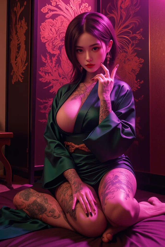 A cute woman (sexy small outfit, tattoos) in a rock music video, pouting, sexy pose near a bedroom, a fan makes a strong wind blowing her hair (show her from head to toe, show all of her)

