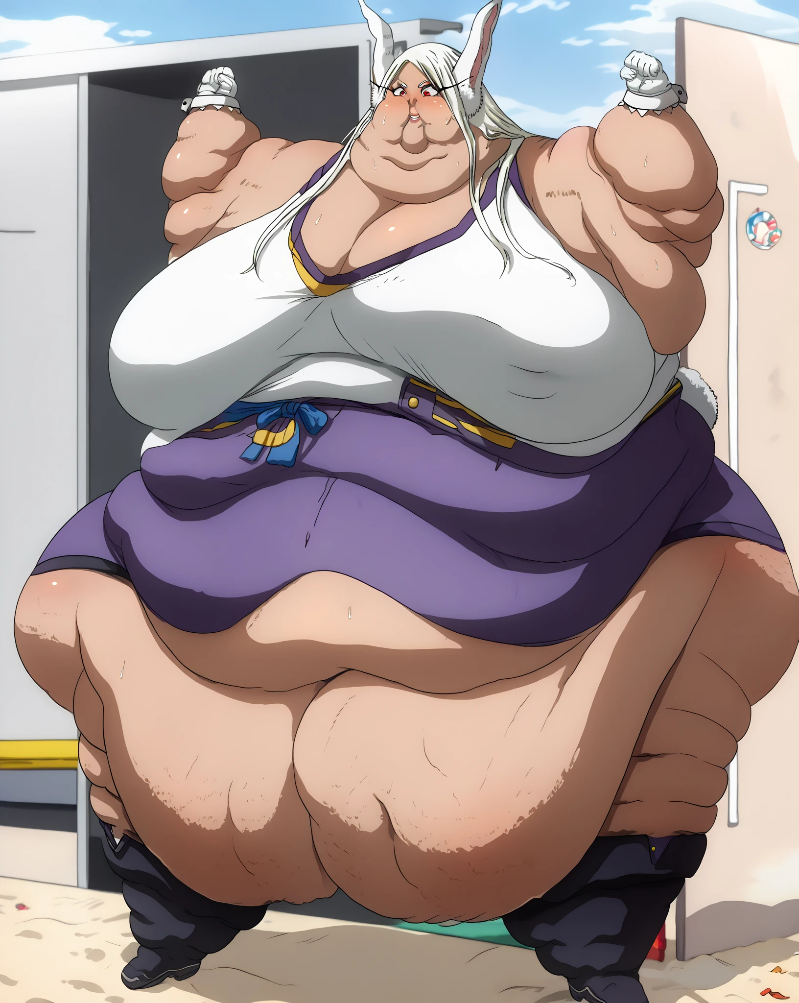 ((1 male)) Solo ,Neuvillette as a Sumo Wrestler , long hair Multicolored hair, White and blue hair, hair Styled in bun,Pointed ears, Morbidly Obese!!!, Background:Arena:1.5, ((Wide Hips)), Thick thighs, ((fat butt )), huge belly!!, ((Frowning )), ((Anatomically accurate))