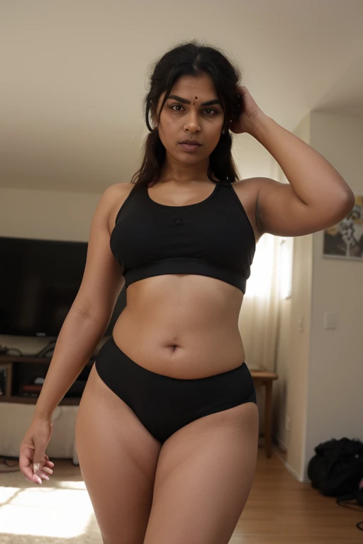 Indian woman wearing wearing ( top crop Black and Black bottom bikini), (young woman), 20 years old, (chubby cheeks:1.4), (curvy figure:1.3), (eyeglasses), (bindi), An Indian beauty, charismatic, light Indian- skin, view the viewer, naughty smile, both eyes are the same, full-body shot, hd, 2k, 4k , 8k, 16