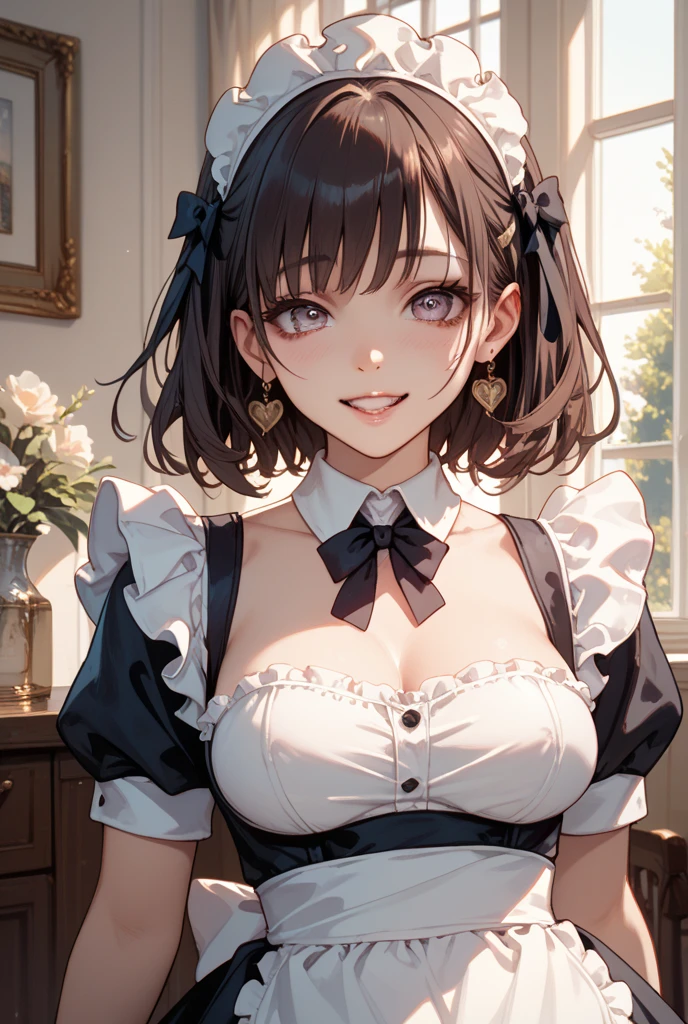 (masterpiece, best quality:1.2), extremely detailed,
1girl, solo, face focus, close-up face,
black hair, short hair, maid headdress,
black eyes, black irises, long eyelashes, thick eyelashes, looking at viewer, half-closed eyes,
smile, closed mouth,
maid dress, black dress, puffy sleeves, juliet sleeves, long sleeves, cleavage, red curtains,
large breasts,
indoors, renaissance, vintage, window, curtains, black walls, ornate walls,
<lora:half-closed eyes:1>