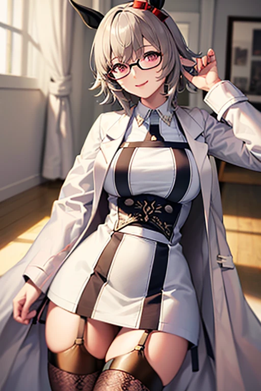 (hyper extreme detailed),(masterpeace),(hyper extreme),(photorealistic),CG,1girl,indoors,<lora:asuka_hina_adult:1> asuka_hina_adult,brown hair, wavy hair, long hair,green eyes, white coat,black shirt,miniskirt, garter straps, stocking,high heels, full body,