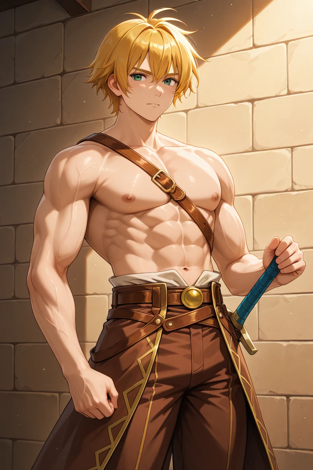 Shiny skin, Red skin, rosy skin, bright red skin, the boy blushed shyly, red face (muscular thigh muscles )(Naruto anime style, art) (photo angle from bottom up) (photo angle from the ground upwards) [Anime photo][highest quality photo][4k,HD photo quality ] wear tight and short loincloths ,the loincloth bulges due to the erect male genitals (muscular thigh muscles, firm thigh muscles, muscular thigh muscles, sinewy thigh muscles, giant thigh muscles, strong leg muscles, muscular hamstring leg muscles)(thigh muscles bulging as if about to explode, muscular, calloused, sinewy, giant) , Rudeus Greyrat, shy, pensive, tired,boy is tightening his abdominal muscles, bodybuilder,bodybuilding, standing, lots of sweat flowing down, topless, shirtless, hot sunny, 8 pack abs , short hair , green eyes