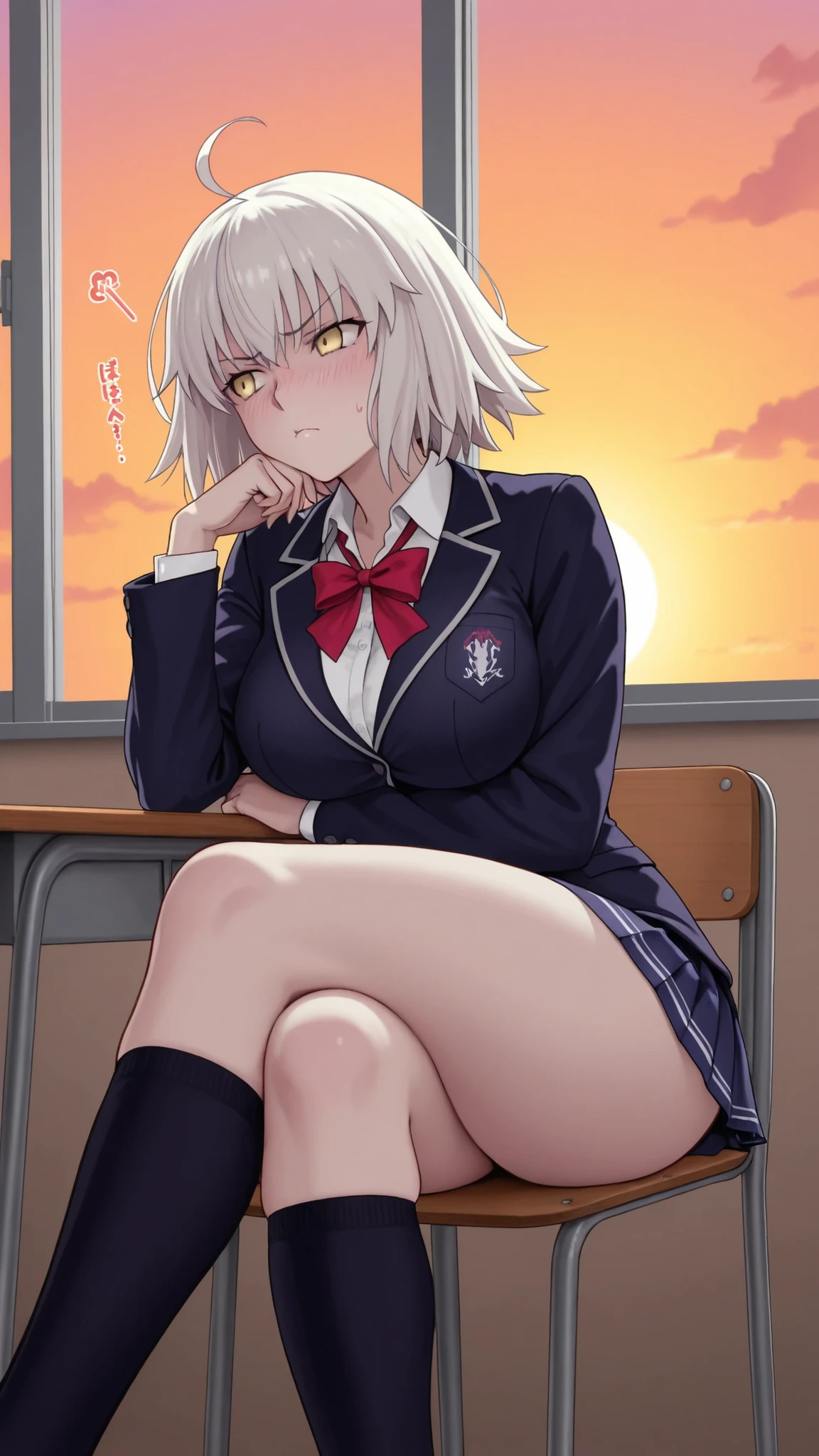 Jeanne D'Arc alter from fate Grand order,yellow eyes, Medium tits, wide hips, body in shape, school uniform, annoying expression , blushed, vista lateral,Window with the sunset, tsundere, 1 girl, sitting in the chair, crossed legs, vista lateral, hand resting on the chin , contrast, full details