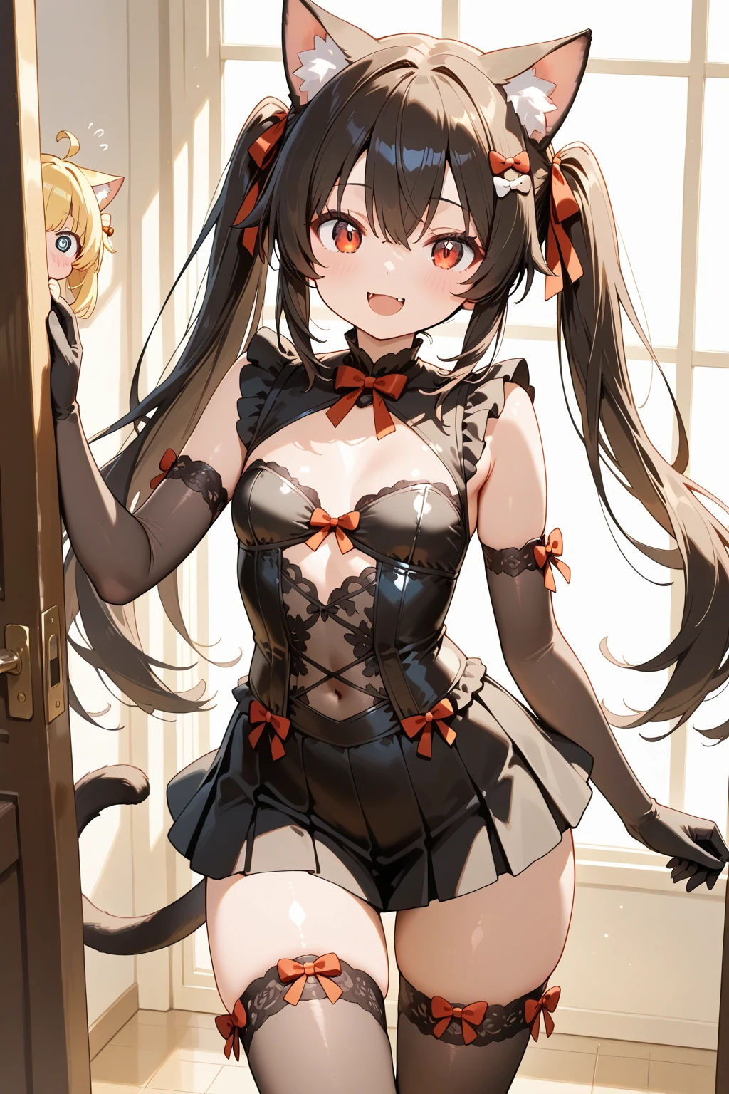 NSFW,masterpiece,Highest quality,High resolution,Super detailed,Nekone \(Utawarerumono\),Brown Hair、(Red Eye:1.3)、ribbon,Twin tails、ヘアribbon、Mole、目の下のMole,Small breasts,Fantasy World,Shopping Street,Alley,Japanese style,Removable sleeves,mini skirt,leotard,Half-naked,Open clothes,Embarrassed,blush,(Seduce),(Big man),(A man puts his hands on her waist and hugs her)
