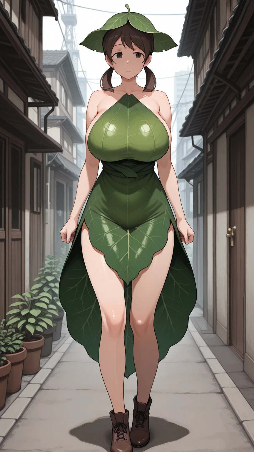 masterpiece, ultra high-quality, extremely detail 8k cg, high resolution, 1girl, pakura, green hair, orange eyes, thin body, huge breasts, bursting breasts, evening gown, halterneck, criss-cross halter, high heels, choker, beautiful face, outdoors, garden, night time, full shot photo, full body