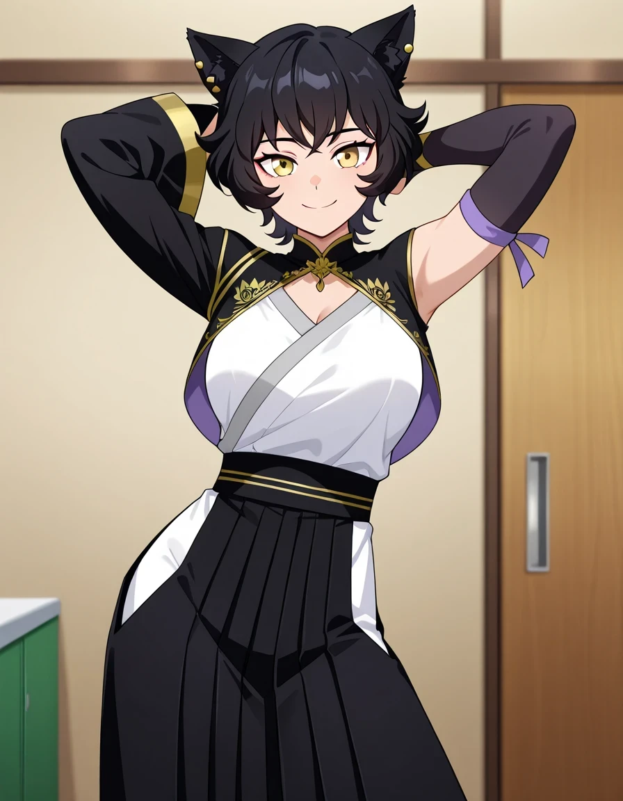 Kali_RWBY, large breast, yellow eyes, short black hair, cat ears, ear piercing, jewelry, japanese clothes, long sleeves, asymmetrical sleeves, hakama skirt, bridal gauntlets, anime screencap, high quality, solo, cowboy shot, (contrapposto), hands behind head, closed mouth, dorm room, alone, looking at viewer, smile, best quality