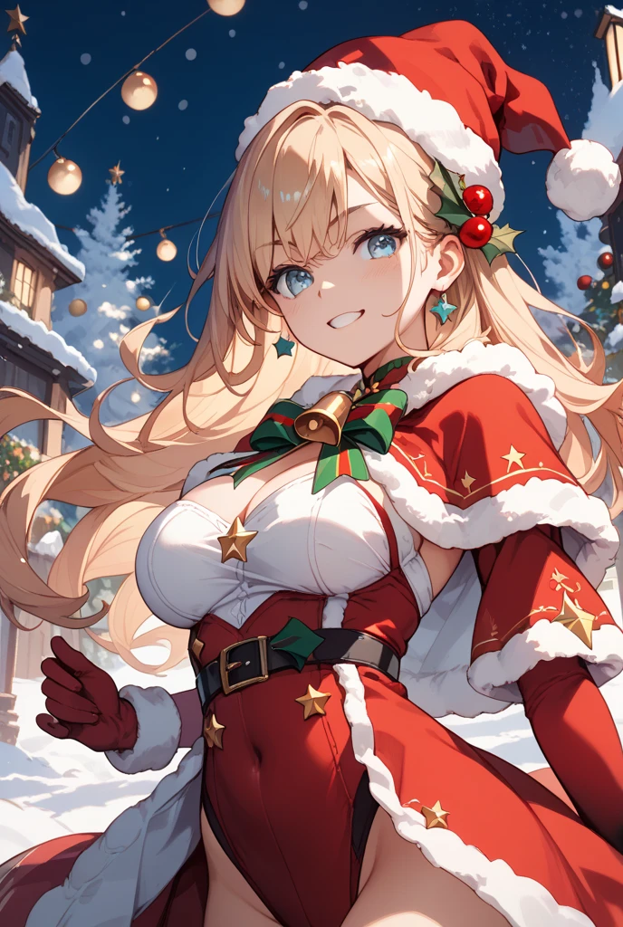 full length, sexy woman Santa Claus, big , big tits, beautiful face, surprise on face, mouth slightly open, HD, charming blue eyes, high detail of face, yellow thick hair, red collar on neck, buttoned red jacket with white collar and white sleeves, wide brown belt, blue panties with high neckline, winter, snowstorm, huge winter castle in the background, green fir tree, sunny weather, volumetric rays, high resolution, volumetric shadows, extreme clarity.