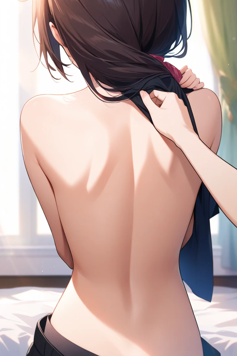 SNFW,Let's think step by step,(masterpiece, best quality),1 girl,Anatomically correct limbs,wearing only bra and panties,(((Sitting on the bed with his back to me))),He puts his hands behind her back and tries to remove her bra.,An angle that lets you see from head to toe