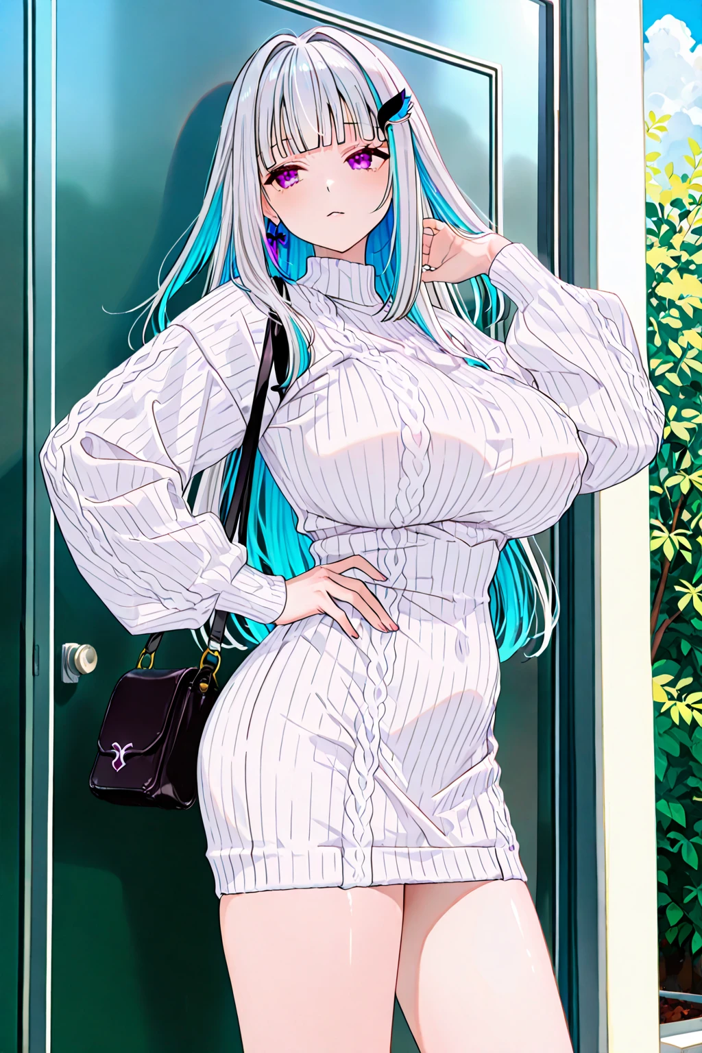 ((obra maestra)), ((mejor calidad)), (ultra detallado), ((extremadamente detallado)), 4k, (8K), mejor calidad, (Hermoso), estilo animado, mirar hacia arriba desde abajo, bar, noche, a pretty girl, 1 chica, solo, traje, Hermoso rainbow hair, Hermoso blue eyes, ((Hermoso eyes)), De piel blanca, pendientes, collar, sonrisa