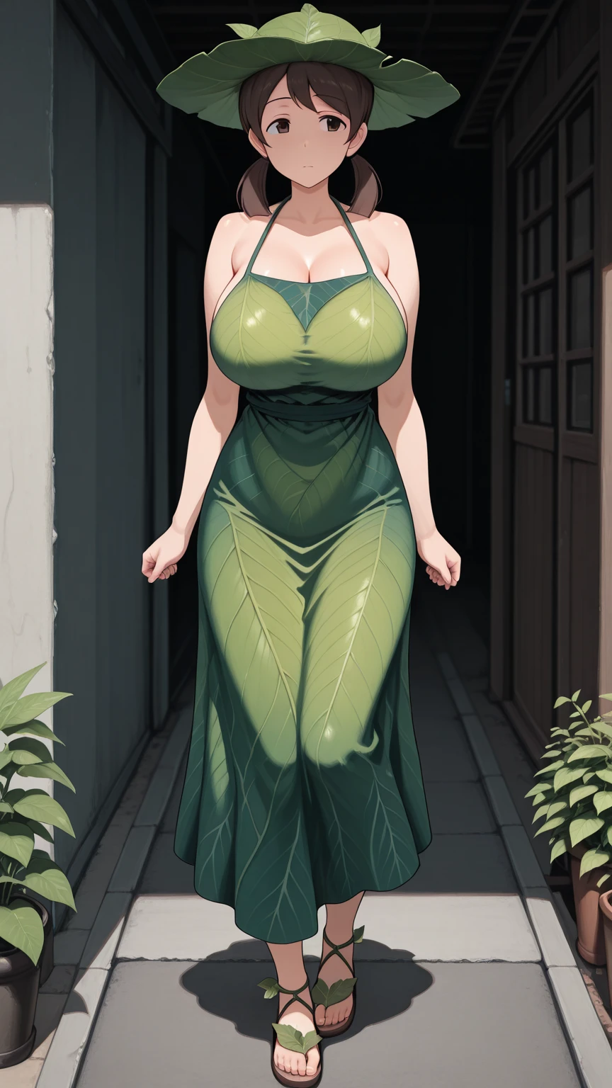 masterpiece, ultra high-quality, extremely detail 8k cg, high resolution, 1girl, pakura, green hair, orange eyes, thin body, huge breasts, bursting breasts, evening gown, halterneck, criss-cross halter, high heels, choker, beautiful face, outdoors, garden, night time, full shot photo, full body