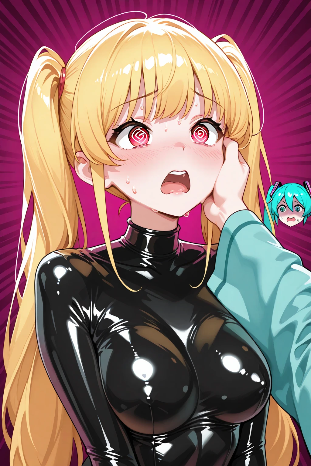 score_9, score_8_up, source_アニメ,アニメ style,Blonde,Blue Eyes,long hair,tall,very big breasts,sharp eye,((1girl)),shiny skin,Black latex,front open,Areola,Reverse Bunny Suit,corset,Pussy juice,Long Breasts,glory hole,Handjob,Cum in mouth,Bukkake,Tentacles