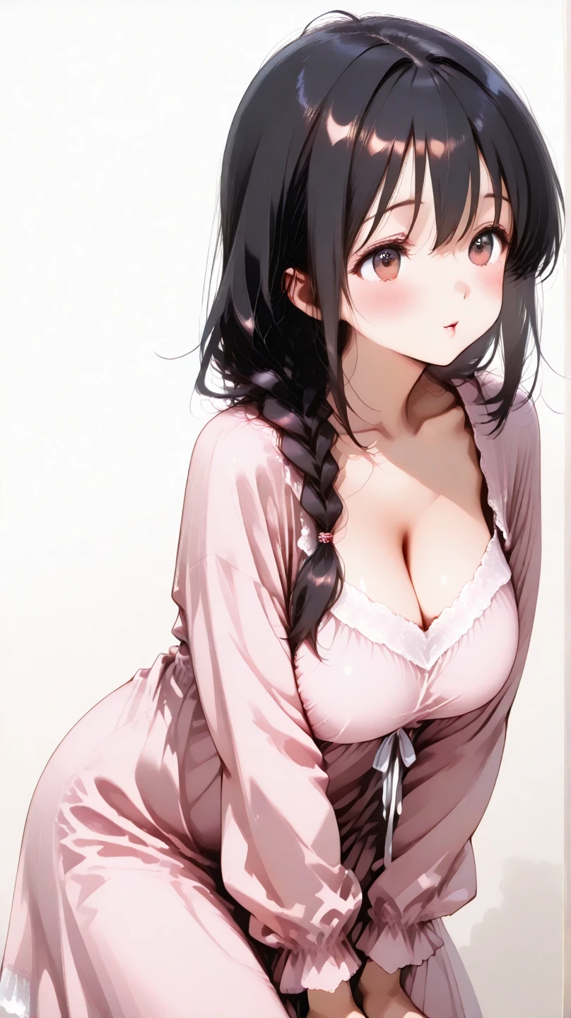 Misako amamiya,perfect ,realistic skin,black hair, long hair, (hair over one eye:1.4), messy hair, hair between eyes,plump, chubby,fat, busty breast,cute motif pajama, cute shy blush on