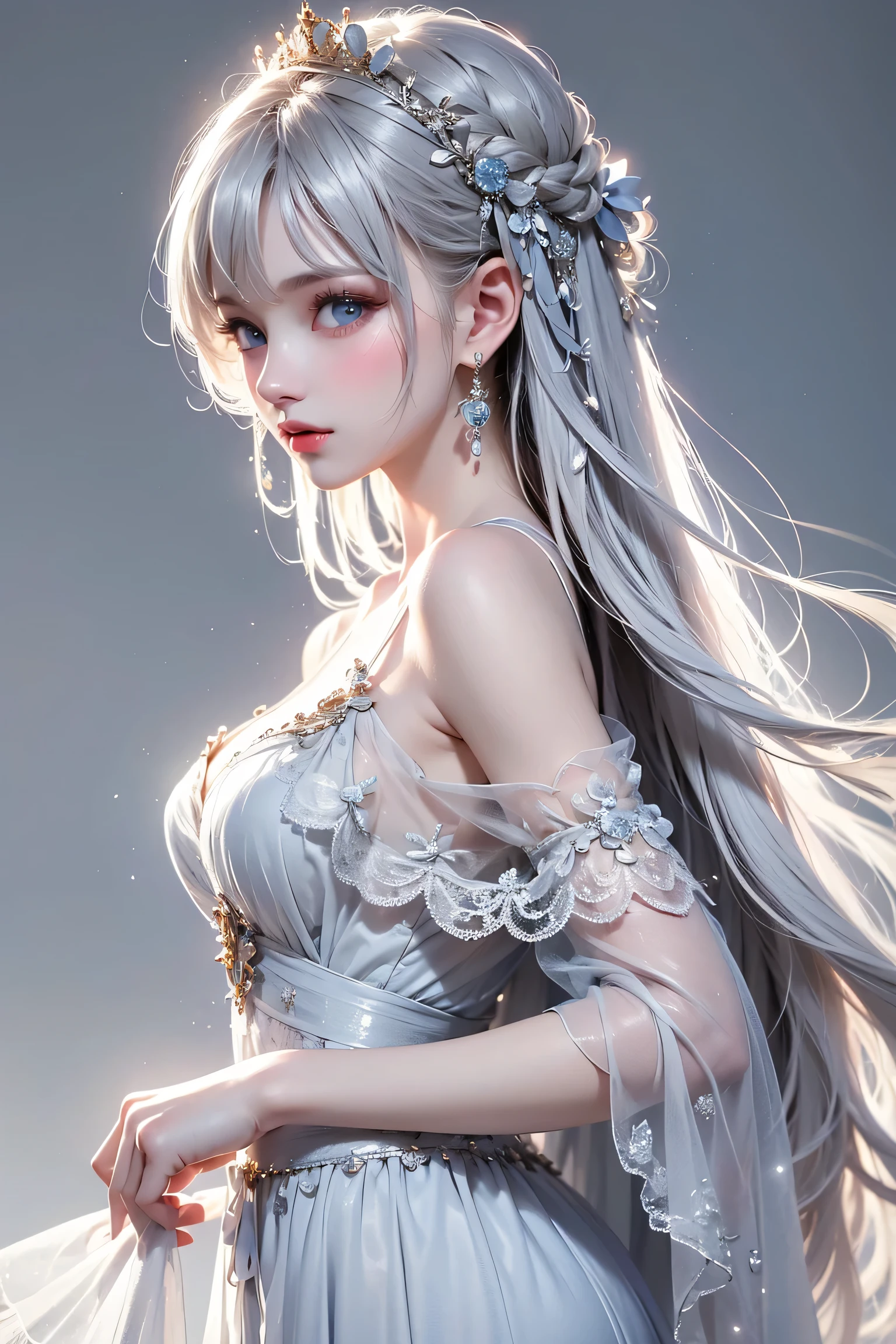 ((masterpiece:1.5,highest quality,Highly detailed images,Beautiful images、Realistic、Photorealistic、2.5D))(1girl)((Detailed face、White skin、small beautiful breasts、Best Looks、Shiny silver hair with highlights、Modern Hairstyles、Hair dancing in the wind))(Off-the-shoulder dress)(morning、Bright room、piano、play piano)Beautiful profile,