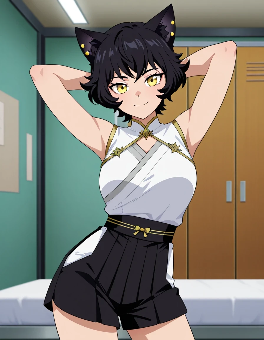 Kali_RWBY, large breast, yellow eyes, short hair, black hair, cat ears, ear piercing, jewelry, sleeveless, hakama shorts, anime screencap, high quality, solo, cowboy shot, (contrapposto), hands behind head, closed mouth, dorm room, alone, looking at viewer, smile, best quality