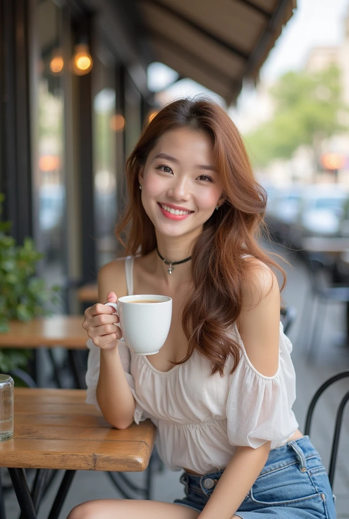 best quality,4k,8k,highres,masterpiece:1.2,ultra-detailed,realistic:1.37,girl(s),beautiful detailed eyes,beautiful detailed lips,extremely detailed face,soft natural lighting,casual outfit, Japanese, small face, intimate atmosphere,coffee aroma,barista preparing coffee,espresso machine,artistic latte art,cozy corner,comfortable seating,plants and flowers,delicate porcelain cups,various types of coffee beans,coffee grinder,coffee beans in burlap sacks,classic vintage espresso machine,cappuccino with frothy milk,aromatic coffee brewing,rich and smooth coffee taste, evening, relaxing background music,calm and peaceful ambiance,gentle clinking of cups,artisanal coffee,steaming cup of coffee in hand,indoor balcony with potted plants,bookshelf filled with novels and magazines,inviting atmosphere,friendly and attentive staff, shy and smiling, coffee date, pov