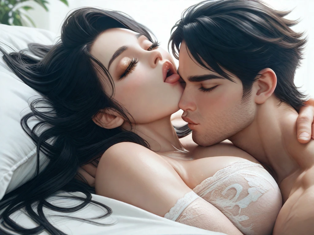 There is a Dark Purple Haired adult woman Kissing a attractive haired man, Natural MakeUp, Eyeshadow, natural makeup, long curved hait, Lace Underwear, Dentelles, Little Breast, Little , Little Chest, Second Life Avatar, Beautiful screenshot, attractive woman, man is muscular body, face jaw is attractive, eye is blue ,man wearing a cloth,high quality, highly detailed skin, dynamic pose, bagraound is Library Book shell